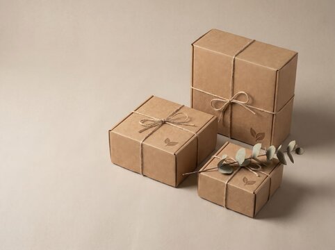 Three ecofriendly cardboard gift boxes with twine and eucalyptus leaves