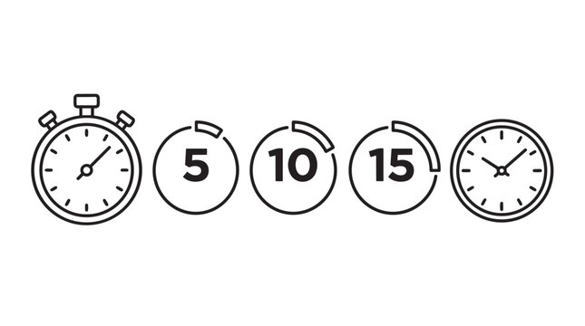 Collection of countdown timer icons showing five ten and fifteen minute intervals with countdown