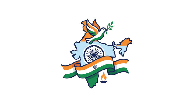 Creative India Map Illustration with Peace Dove and National Flag Ribbon