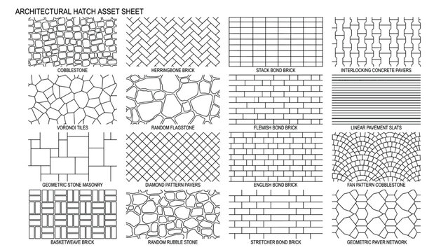 Architectural hatch patterns vector seamless for cad design use including bricks stone pavers tiles and geometric shapes transparent.