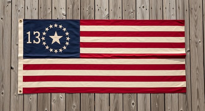 Historical betsy ross american flag with thirteen stars and number thirteen on rustic wood planks. 13 colonies flag