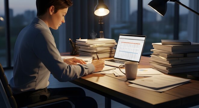 Young student studying hard at desk with laptop during late night