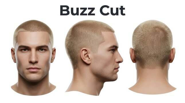 Buzz cut hairstyle showing front side and back views of a man