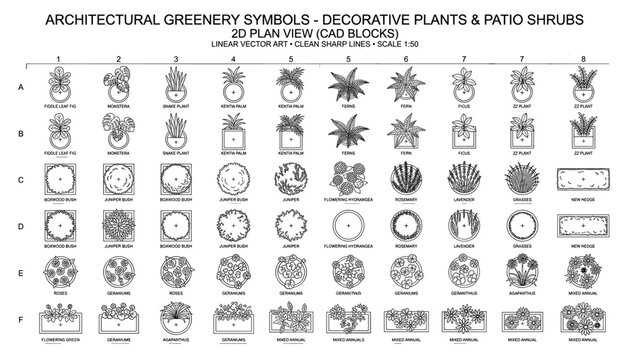 Architectural greenery symbols for landscape design featuring decorative plants and patio shrubs in 2d plan view vector transparent.
