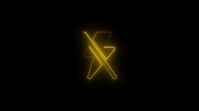 Neon no flash symbol animation, glowing yellow lightning bolt prohibited sign for settings forbidden