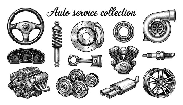 Vector collection of auto service components and engine parts in detailed drawing style, transparent background.