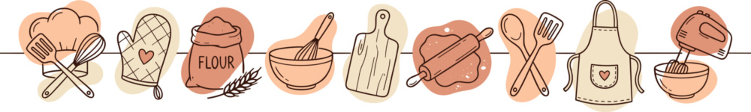Baking essentials border vector illustration warm color palette with baking tools and ingredients on transparent background kitchen theme.