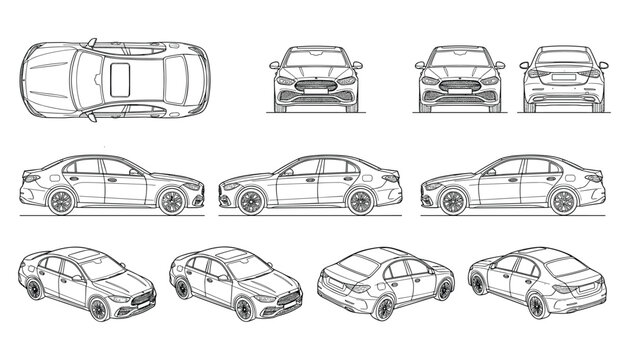 Vector drawing of modern sedan car from different angles on transparent background.