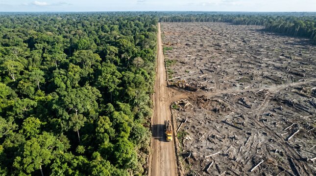 Aerial view of deforestation in rainforest with dirt road separating jungle and cut trees.