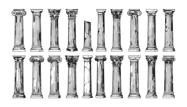 Collection of classical Greek and Roman architectural columns, vector illustrations, different styles on transparent background.