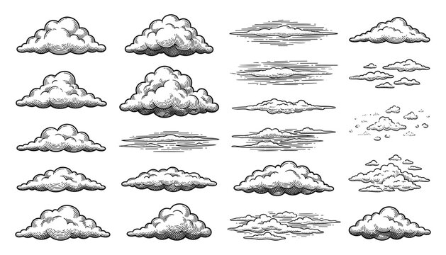 Collection of engraved clouds in vintage style, various shapes and forms, atmospheric weather elements, transparent vector set.