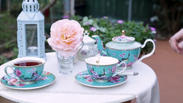 Blue teaset with pink flower and bird pattern arranged on a white table with a beige tablecloth in an outdoor garden setting. Tea is being poured into a cup beside a blue lantern with a candle. A vint