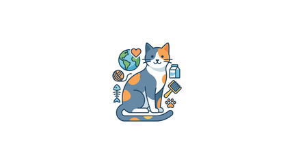 Cute Calico Cat Illustration with Pet Care Icons © lolong