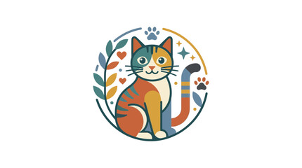 Cute Calico Cat Logo Emblem with Floral and Paw Print Elements © lolong