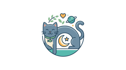 Cute Cartoon Cat Character Illustration with Celestial Elements © lolong