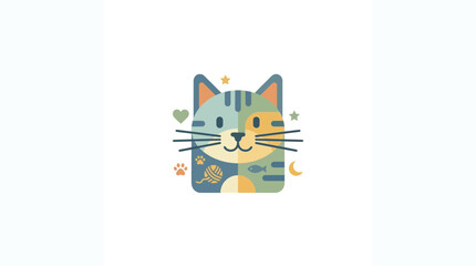 Cute Cartoon Cat Face Icon with Decorative Elements © lolong