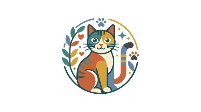 Cute Calico Cat Logo Emblem with Floral and Paw Print Elements