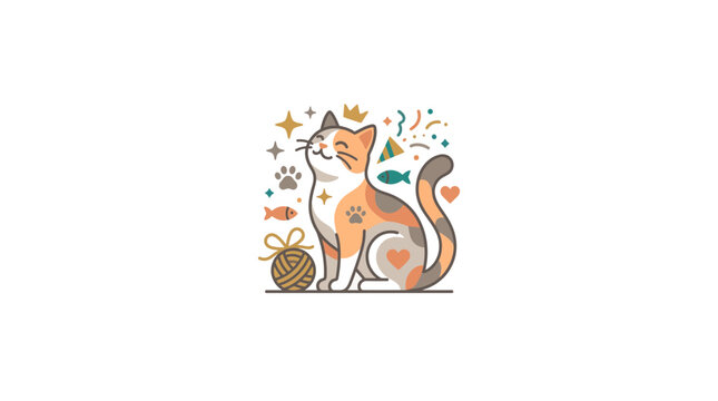 Cute Cartoon Calico Cat Illustration with Playful Icons