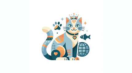Cute Cartoon Cat Illustration with Globe and Fish Elements © lolong