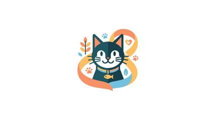 Cute Cartoon Cat Illustration with Ribbon and Fish Tag © lolong