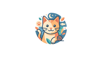 Cute Cartoon Cat Illustration with Yarn Ball and Moon Icon © lolong