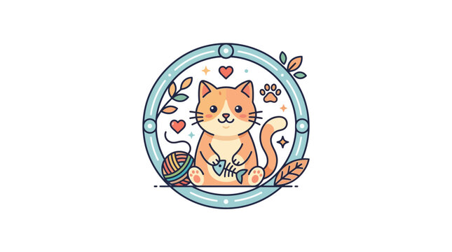 Cute Cartoon Cat Illustration with Yarn Ball and Fish Bone in Circular Frame