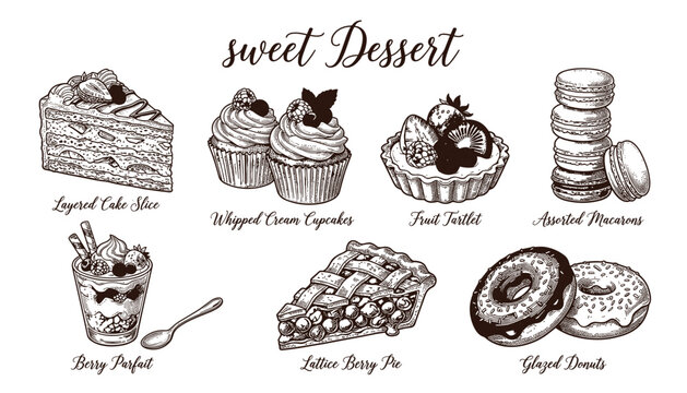 Assortment of sweet desserts, vector illustration of cakes, cupcakes, pie, donuts, parfait, tart, and macarons on transparent background.