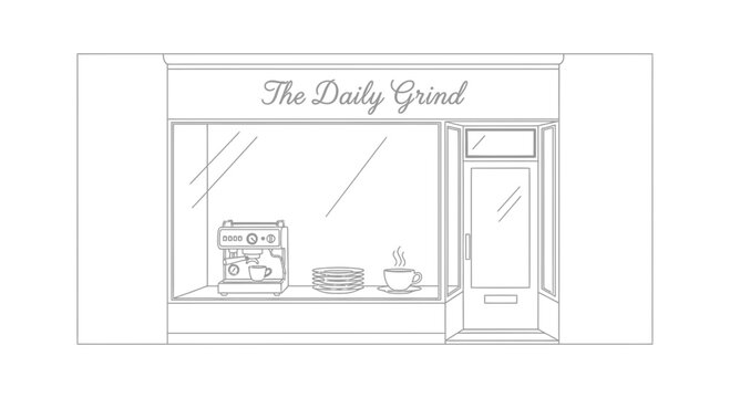 The Daily Grind Coffee Shop Facade with Espresso Machine and Steaming Coffee