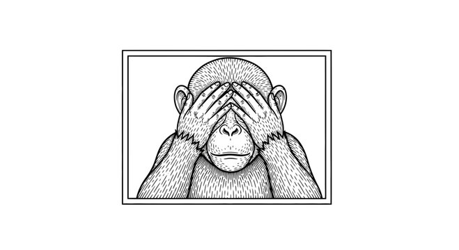 Three Wise Monkeys Illustration: See No Evil Monkey Covering Eyes, Black and White Line Art