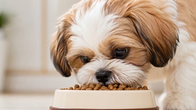Cute dog eating kibble from bowl indoors in bright kitchen setting  