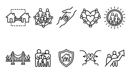 Obraz premium Family Support and Community Protection Line Icon Set