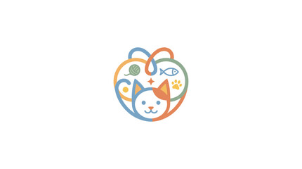 Cute Cat Heart Shape Logo Design with Pet Icons © RB