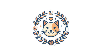 Cute Cat Face Illustration with Floral Wreath and Pet Icons © RB