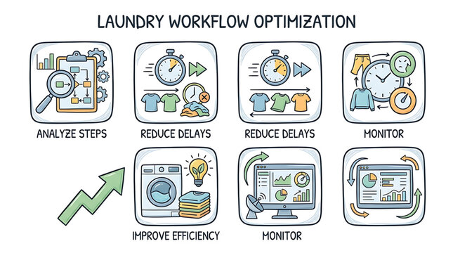 Flat line icons for laundry management system business optimization and efficient washing workflow steps