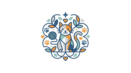 Cute Cat Illustration with Yarn Ball and Floral Ornament © RB