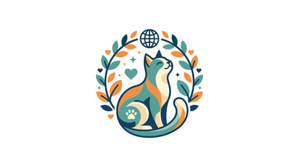 Cute Cat Logo Design with Floral Wreath and Globe Icon © RB