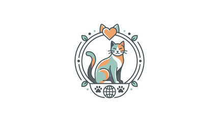 Cute Cat Logo Design with Heart and Global Pet Care Concept © RB