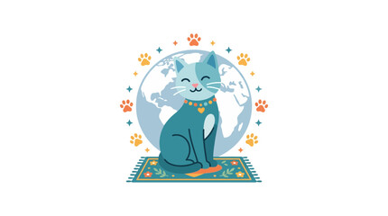 Cute Cat Sitting on Rug with World Globe Background © RB
