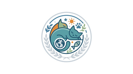 Cute Cat Sleeping with Planet Earth Illustration Logo © RB