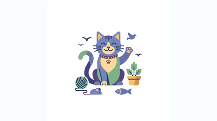Cute Flat Vector Illustration of a Lucky Cat with Toys and Plant © RB