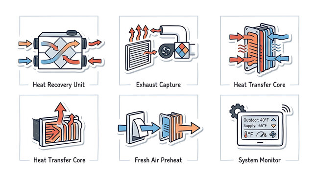 HVAC Ventilation and Heat Recovery System Icons Set for Energy Efficient Building Technology