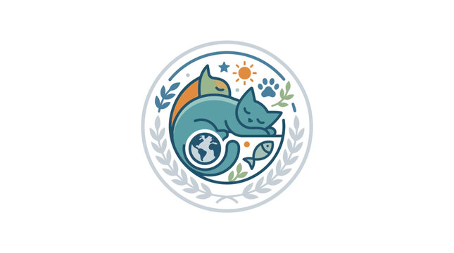 Cute Cat Sleeping with Planet Earth Illustration Logo