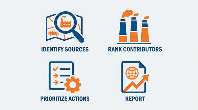 Business infographic shows report, prioritize actions, rank contributors and identify sources icons