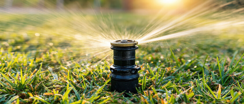 Sprinkler watering garden lawn grass irrigation Sprinkler watering garden lawn grass irrigation green lawn, outdoor yard care during spring