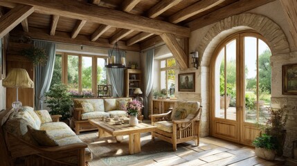 Fototapeta premium Cozy and Inviting Country Living Room with Natural Light, Rustic Furniture, Green Plants, and Warm Wooden Accents in a Serene Setting