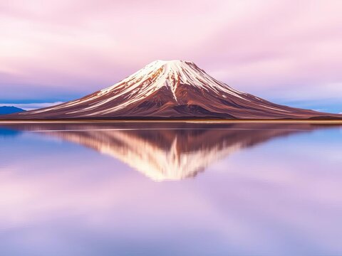 Snowy Licancabur Volcano Reflected in Laguna Chaxa, Andes Mountains, Andean flamingos