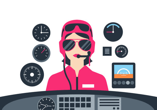 Barbie vector pilot in a pink flight suit navigating an airplane