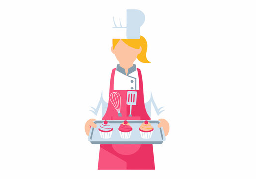 Barbie vector style baker holding a tray of fresh pink cupcakes