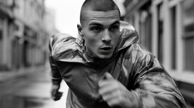 a young man with a buzz cut running on an urban street, wearing tight technical shorts and a reflective windbreaker jacket, visible snake tattoo starting from his shoulder and wrapping down his arm, e