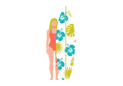 Blonde girl with tropical surfboard in barbie vector style